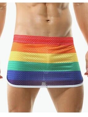NWOT Men's Rainbow Mesh Mini Skirt Skort Shorts Bold Pride Stripes BreathableT87
